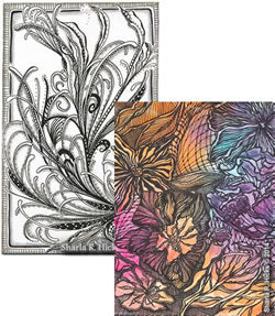 Mixed media backgrounds and gelly roll pens are the inspiration behind these two Artworks by Sharla R. Hicks, artist, CZT