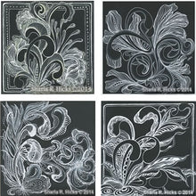 Load image into Gallery viewer, Sharla R. Hicks uses Zentangle patterns, white pen, and black backgrounds in the tangle-inspired botanicals and expressive line workshop