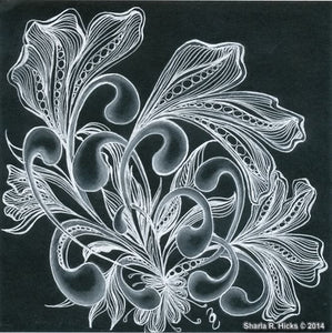 White Ink, multiple tangles and shading combine to create this Artwork by Sharla R. Hicks, artist, CZT