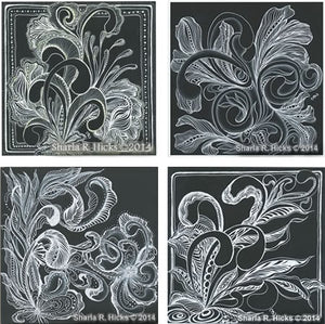 Sharla R. Hicks uses Zentangle patterns, white pen, and black backgrounds in the tangle-inspired botanicals and expressive line workshop