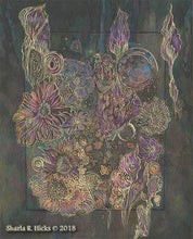 Load image into Gallery viewer, wworkshop example that uses monoprint as inspiration for tangle-inspired botanicals by Sharla R. Hicks, CZT and author